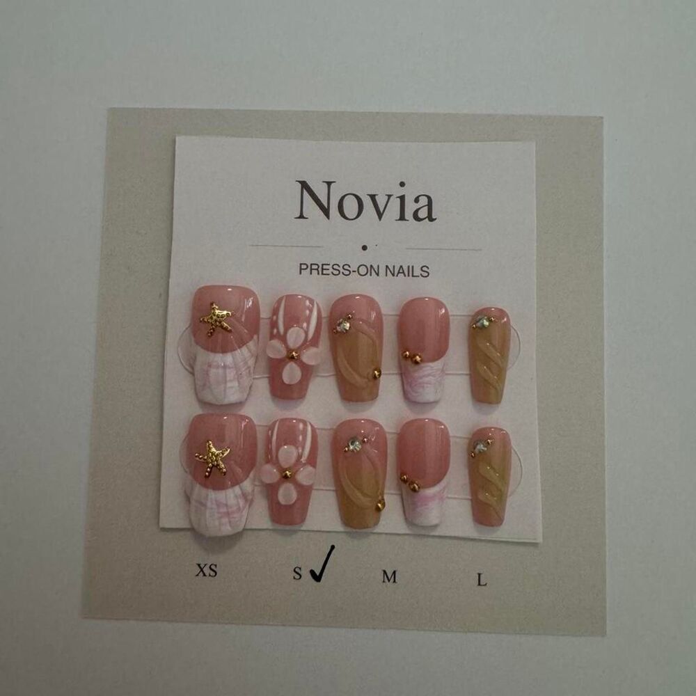 Pink 3D Floral Press On Nails | Gold Star & Flower Accent Nails | Size Small